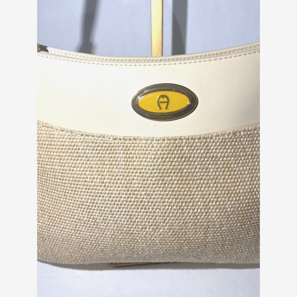 Etienne Aigner Shoulder Bag Women Medium Cream Straw Leather Logo Vintage Summer - Picture 4 of 16